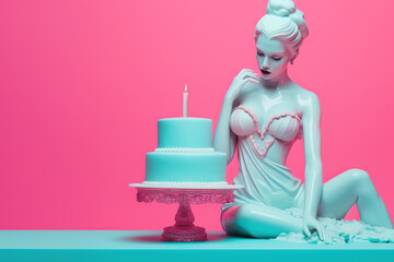 Antique sculpture of a woman with a birthday cake. Modern art, neoclassical style in pink and blue...