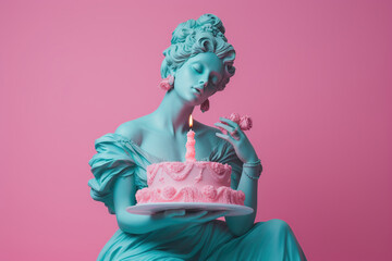 Antique sculpture of a woman with a birthday cake. Modern art, neoclassical style in pink and blue colors.