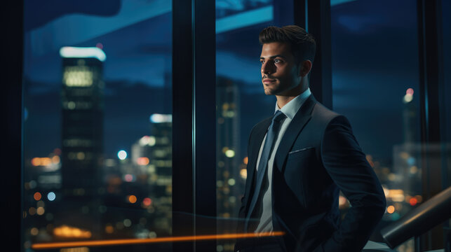 Business man standing in the office watching the modern city night view