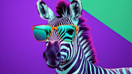Fototapeta premium a zebra with sunglasses on its head and a colorful background. generative ai