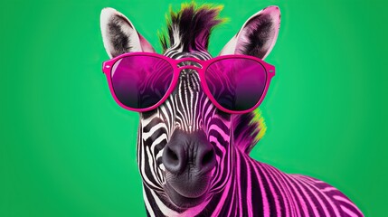  a zebra wearing pink sunglasses on a green background with a green background.  generative ai