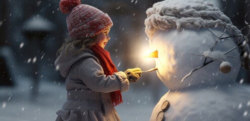 A little girl standing next to a snowman in the winter - obrazy, fototapety, plakaty