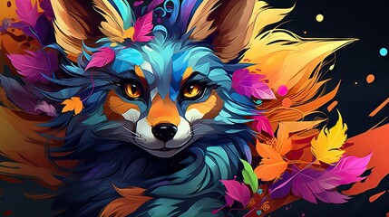  a painting of a fox with colorful feathers on it's head.  generative ai