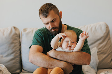 Little boy was unhappy, climb first teeth. Concept help numbs of gums for baby
