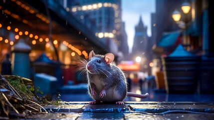 a rat looking for food in the night city, rodents in the street - obrazy, fototapety, plakaty