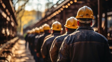 Fototapeta premium Engineer team holding hardhat standing in row ready for work