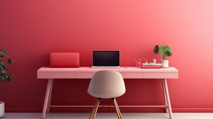 Stylish minimalist monochrome interior of modern office room in pastel carmine red and pink tones. Large desktop, computer, office tools, houseplants, chair. Creative design. Mockup, 3D rendering.