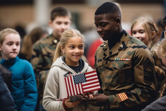 schoolchildren expressing their appreciation for veteran soldiers. Created with generative AI technology.