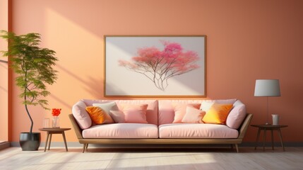 Stylish minimalist monochrome interior of modern living room in pastel orange and pink tones. Trendy couch, coffee table, decorative plant in pot, poster. Creative home design. Mockup, 3D rendering.