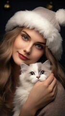 Fototapeta na wymiar A woman in a festive Santa hat holding a cute white cat