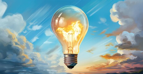A surreal painting of a light bulb floating in the sky