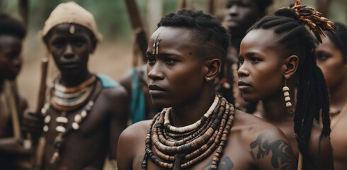 A group of teenagers from an African tribe. Generative AI. - obrazy, fototapety, plakaty