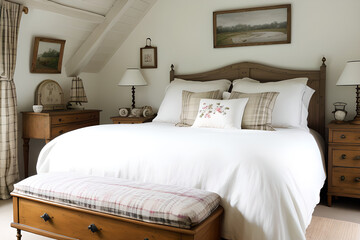 Cottage bedroom decor, interior design and holiday rental, bed with elegant bedding linen, big artwork mockup. Stylish farmhouse hotel