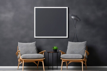 Interior of modern living room with sofa, lamp and blackboard. Mock up