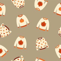 WebSeamless pattern with cute autumn sweaters. Pullovers with leaves and pumpkins on grey background. Cartoon flat style. Vector illustration