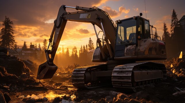 excavator on construction building site with sunset background