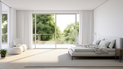 Interior of white minimalist scandi bedroom in luxury cottage or hotel. Large comfortable bed, side tables, armchair, panoramic windows with scenic landscape view. Ecodesign. Mockup, 3D rendering.
