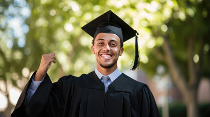 Happy smiling graduating student guy in an academic gown puts his hands up on college background