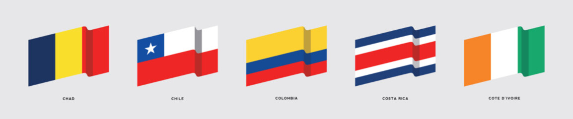 Obraz premium Set of waving 3D flags of Chad, Chile, Colombia, Costa Rica, Cote D'Ivoire. Vector illustration for graphic and web design.