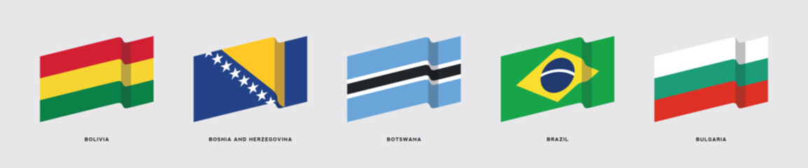 Set of waving 3D flags of Bolivia, Bosnia And Herzegovina, Botswana, Brazil, Bulgaria. Vector illustration for graphic and web design.