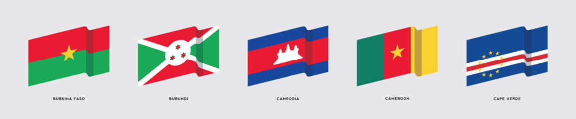 Set of waving 3D flags of Burkina Faso, Burundi, Cambodia, Cameroon, Cape Verde. Vector illustration for graphic and web design.