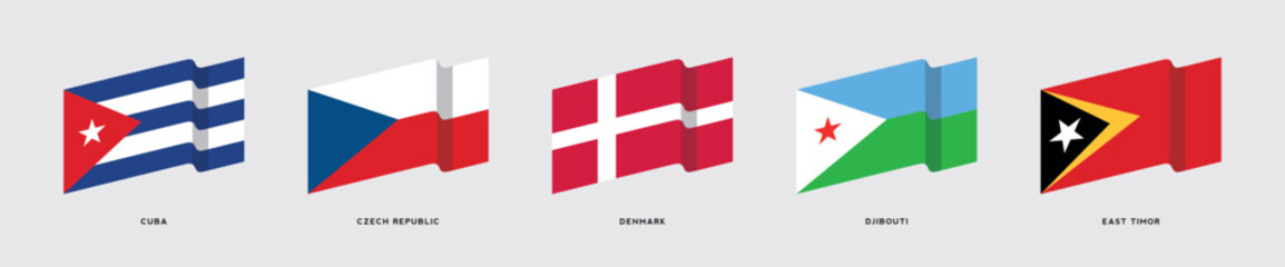 Set of waving 3D flags of Cuba, Czech Republic, Denmark, Djibouti, East Timor. Vector illustration for graphic and web design.