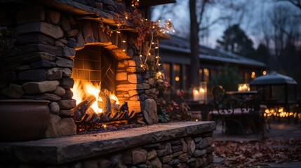 flames in a stone fireplace with logs in nature at dusk in the backyard