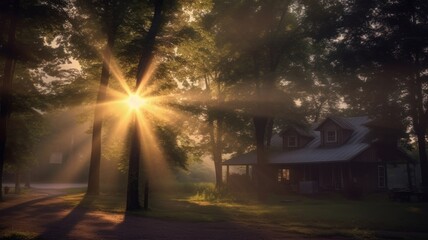 Fototapeta premium Evening landscape of a house in the forest with the setting sun and rays in the trees. 