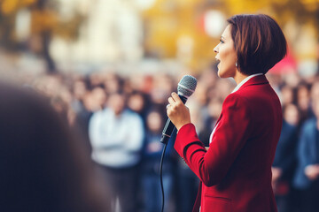 Spectacular female politician speaks on stage in front of crowds - obrazy, fototapety, plakaty