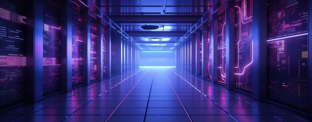 Fototapeta premium A data center hallway filled with rows of servers