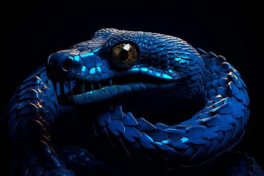 A neon snake on a black background. Generative AI