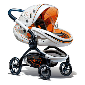 recommend clip art: A Futuristic Baby Carriage T-Shirt Design Set In A Sleek Space Station, Generative Ai