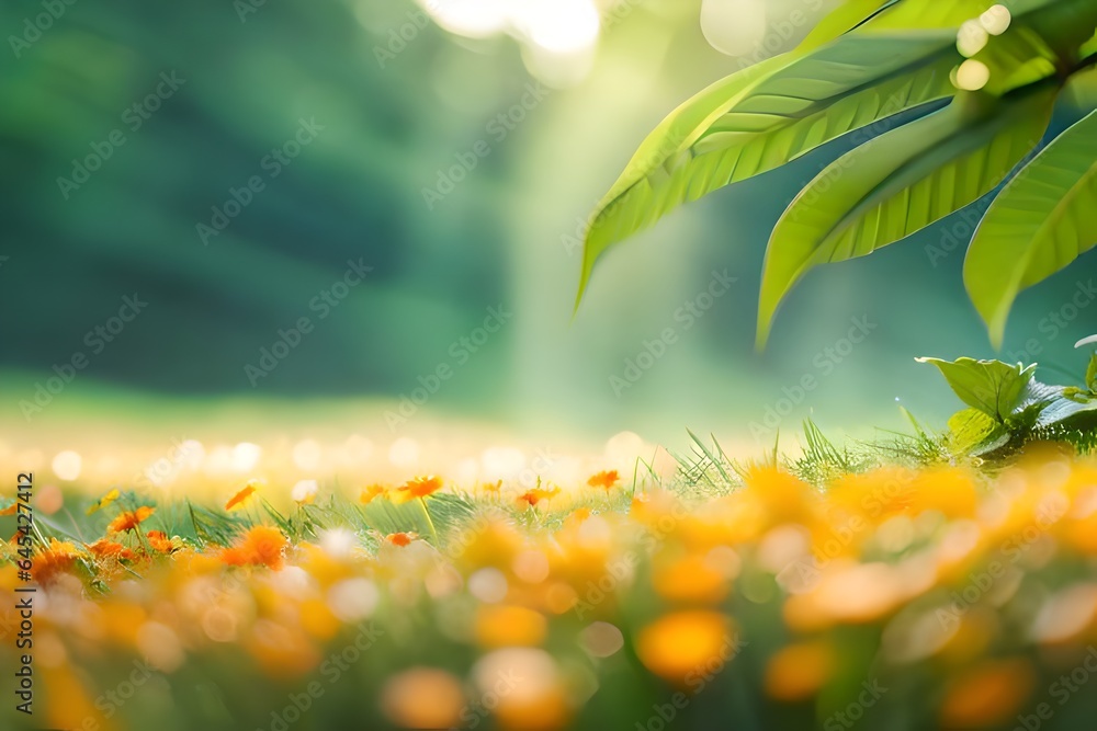 Wall mural field of yellow cosmos flower lower angle selective focus, blur foreground and background, good as n