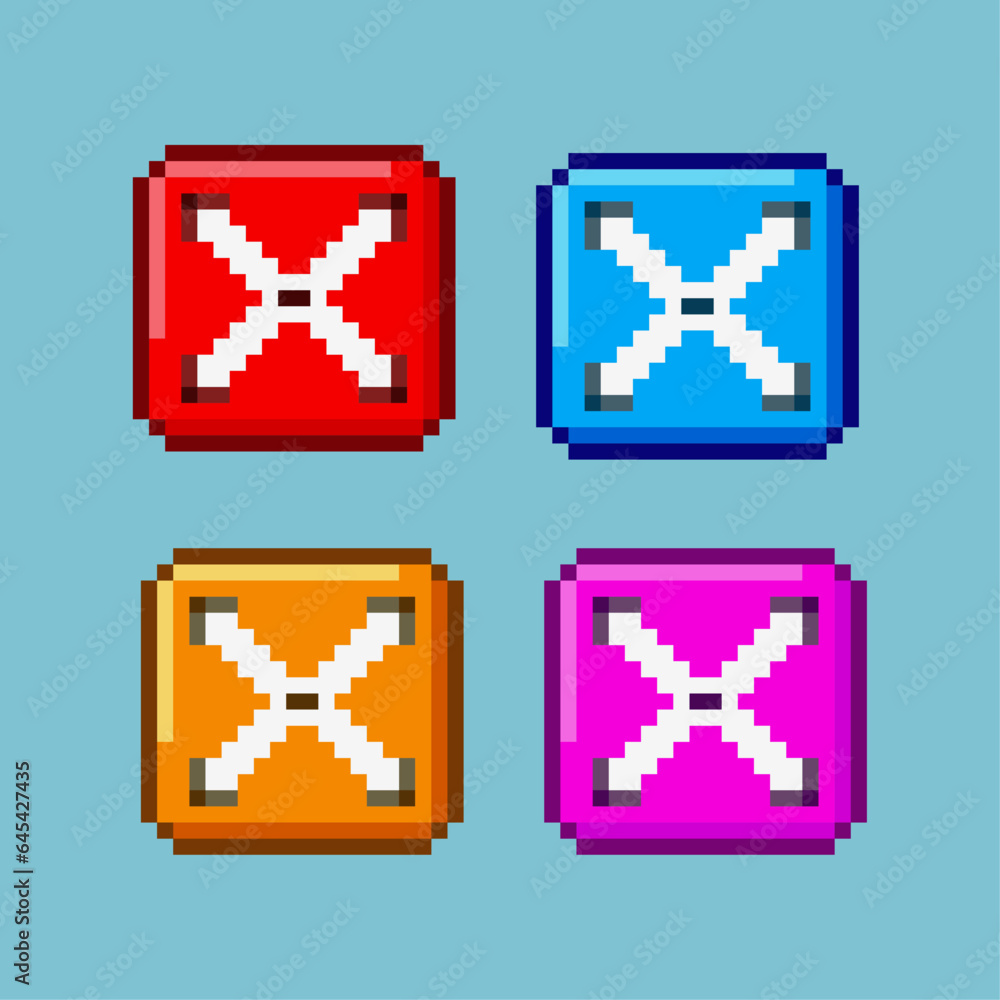 Poster pixel art sets of x cross button with variation color items asset. red,blue,orange,and purple button