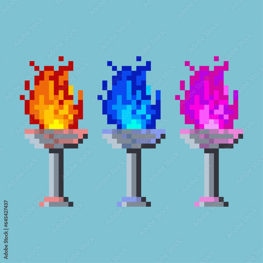 Poster pixel art sets of torch with variation color items asset. halloween red,blue,and purple torch fire o