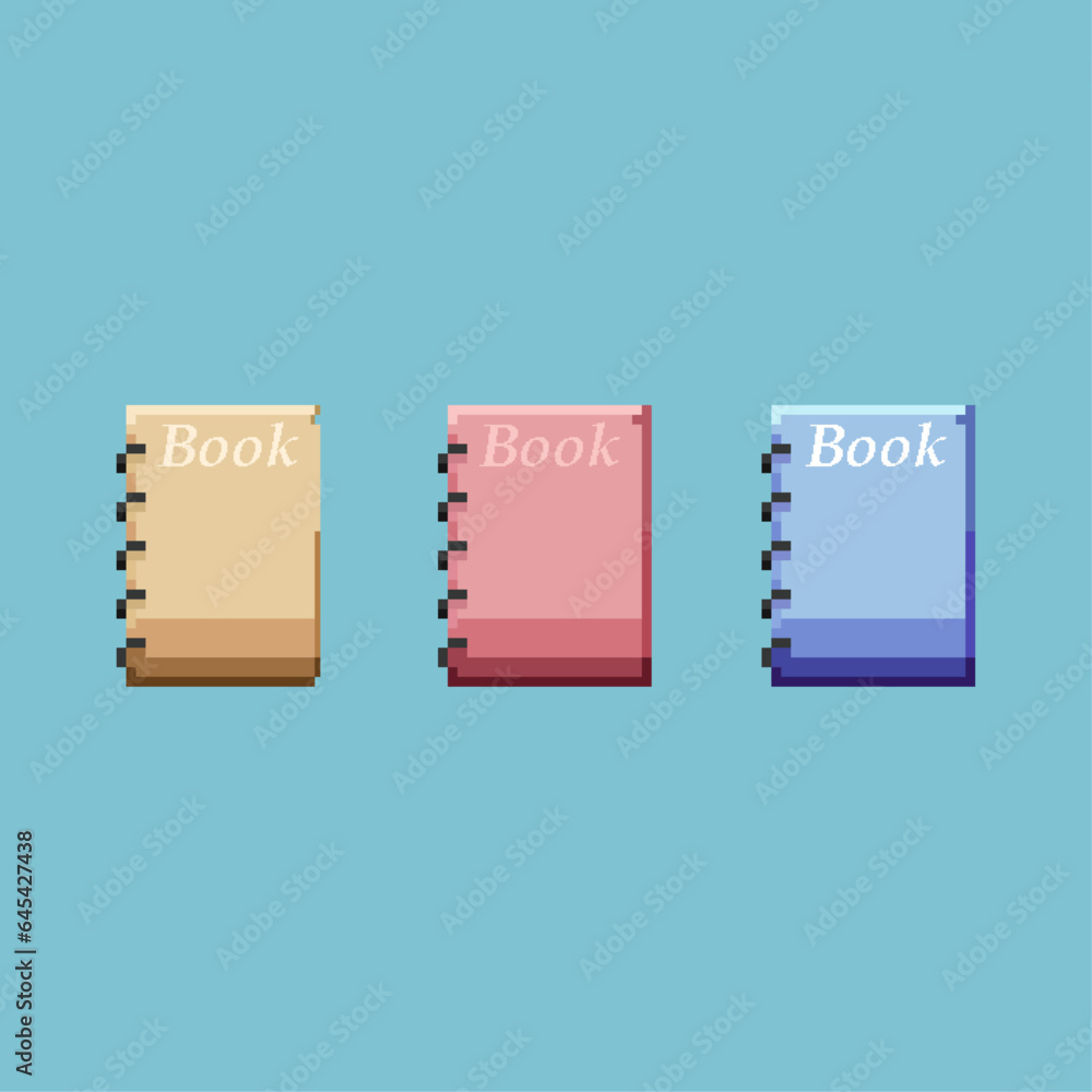 Poster pixel art sets of book with variation color items asset. brown,red,and blue books on pixelated style