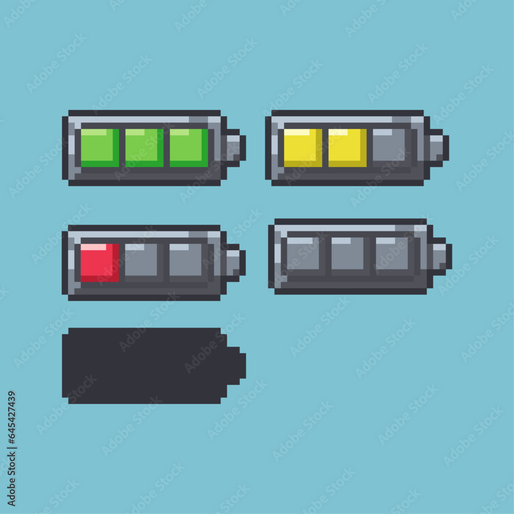 Poster pixel art sets of battery bar with variation color items asset. battery bar from full to empty on pi