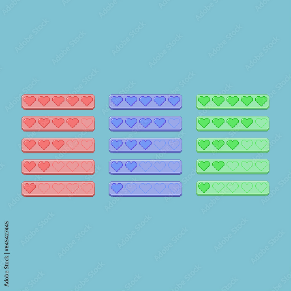 Poster pixel art sets of heart fill with variation color items asset. fill full and empty heart bar on pixe