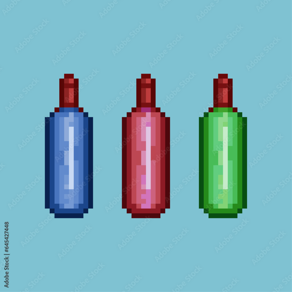 Poster pixel art sets of bottle of wine with variation color items asset. blue,red,and green wine bottle on