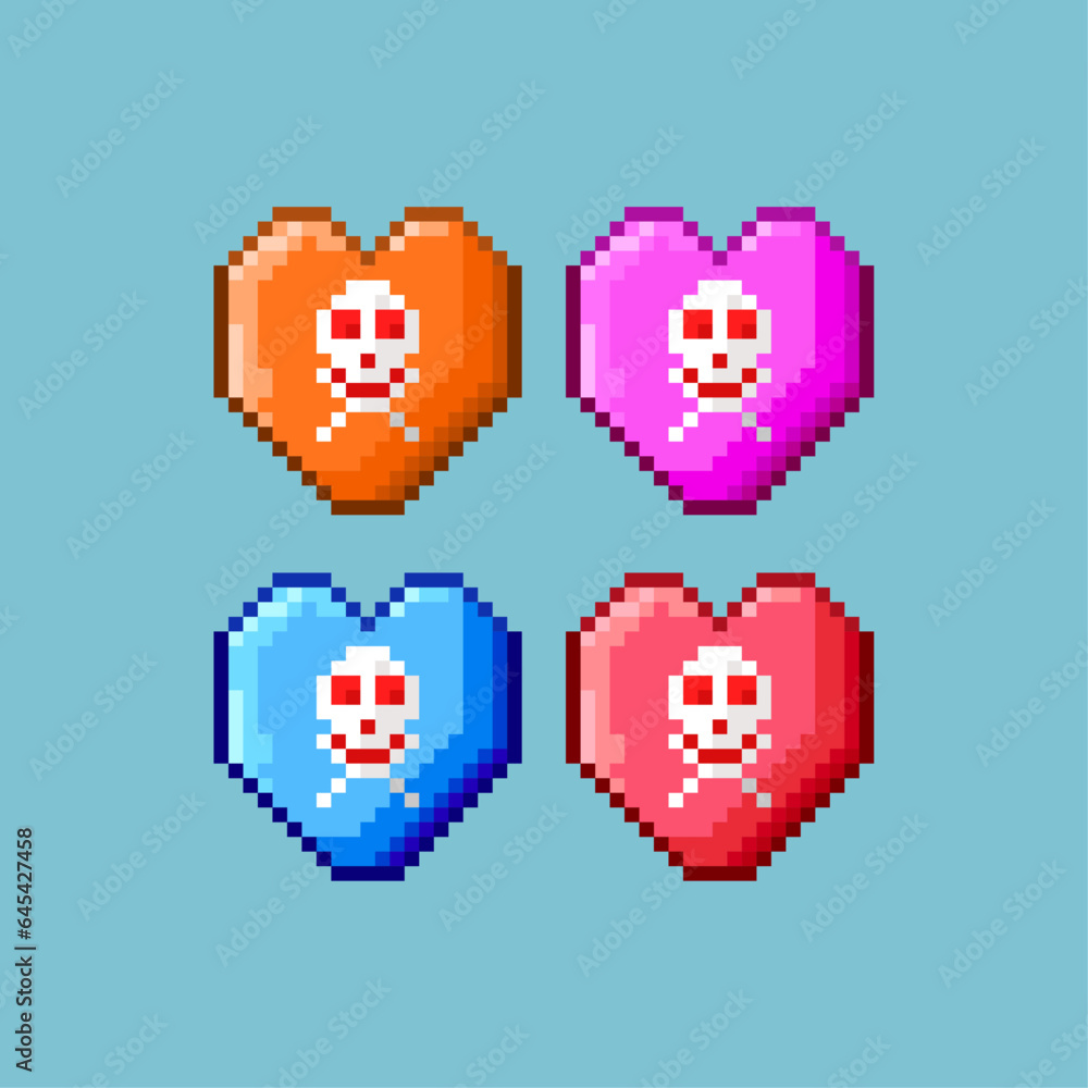 Poster Pixel art sets of heart with skull bones halloween with variation color items asset. halloween heart on pixelated style.8bits perfect for game asset or design asset element for your game design asset.