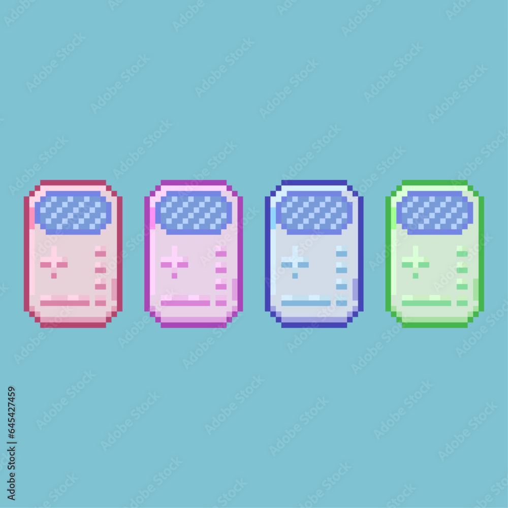 Poster pixel art sets of gamepad gameplay with variation color items asset. playing game on pixelated style