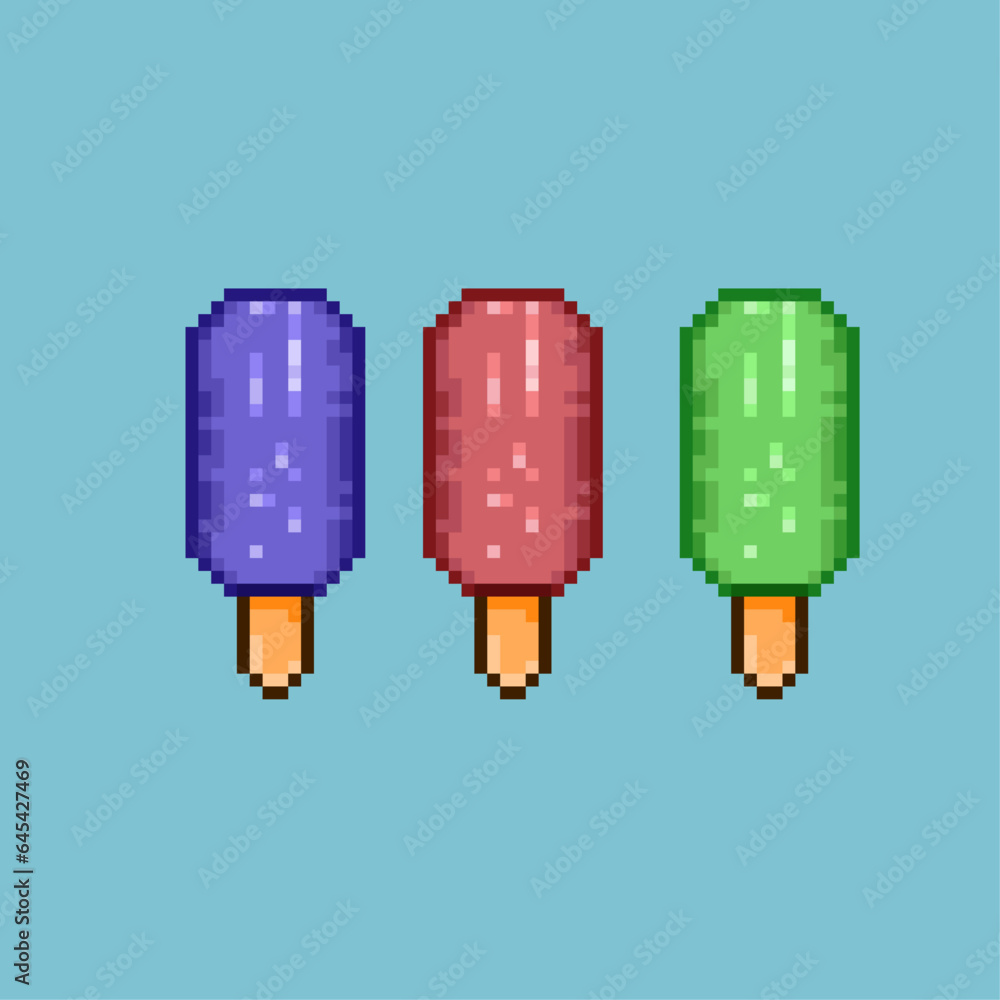 Poster pixel art sets of ice cream with variation color items asset. ice cream on pixelated style.8bits per