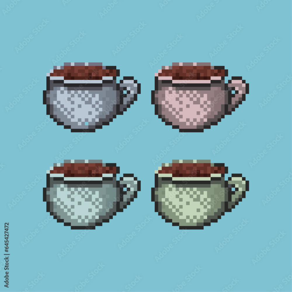 Poster pixel art sets of glass cup with coffee with variation color items asset. coffee in the glass on pix