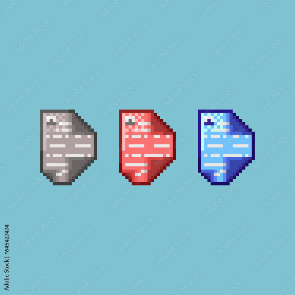 Poster pixel art sets of papper business with variation color items asset. three colour of papper on pixela