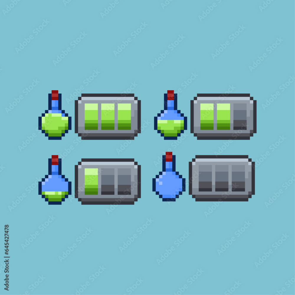 Fototapete pixel art sets of poison potion bar fill with variation color items asset. green potion bar on pixel