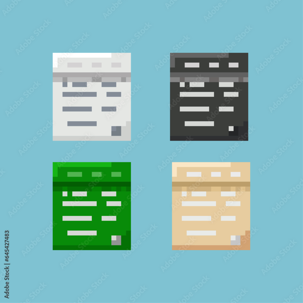 Poster pixel art sets of papper with variation color items asset. papper on pixelated style.8bits perfect f