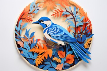 A paper plate with a blue bird design