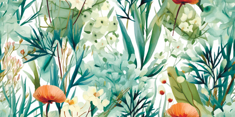 Garden plant vector seamless pattern. For fashion fabrics, childrens clothing, Tshirts, postcards, birthday invitations, baby shower or email header, wallpaper, banner, advertising