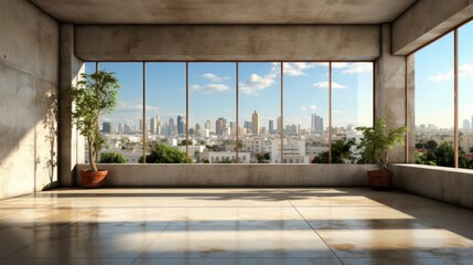 Interior of empty open space room in modern urban building for office or loft studio. Concrete walls and floor, home decor. Floor-to-ceiling windows with city view. Mockup, 3D rendering.