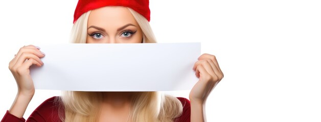 A woman in a festive Santa hat holding a paper